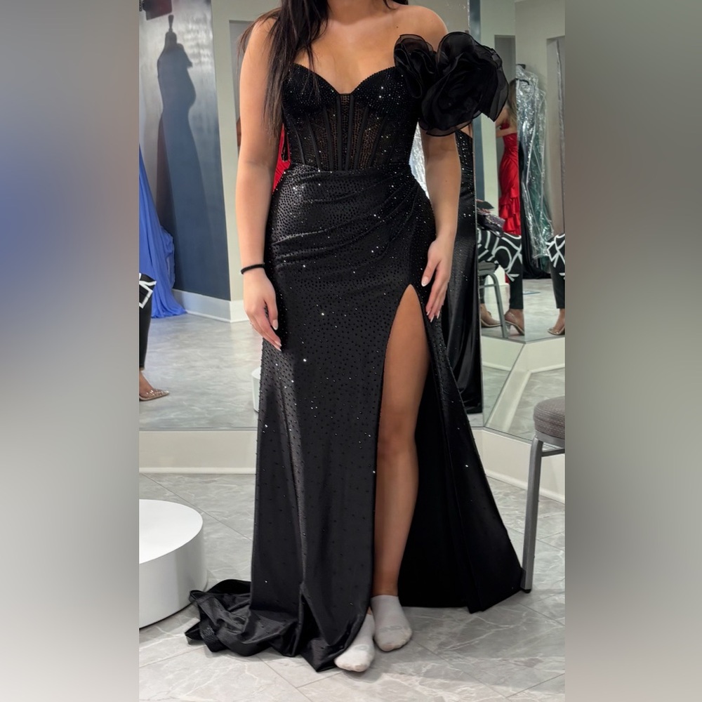Sherri Hill Black Gown with Floral Accent